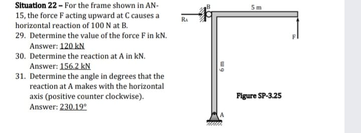 Situation 22 - For the frame shown in AN-
5 m
15, the force F acting upward at C causes a
RA
horizontal reaction of 100 N at B.
29. Determine the value of the force F in kN.
Answer: 120 kN
30. Determine the reaction at A in kN.
Answer: 156.2 kN
31. Determine the angle in degrees that the
reaction at A makes with the horizontal
Figure SP-3.25
axis (positive counter clockwise).
Answer: 230.19°
