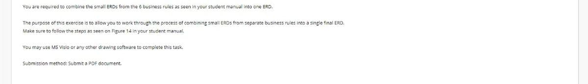 You are required to combine the small ERDS from the 6 business rules as seen in your student manual into one ERD.
The purpose of this exercise is to allow you to work through the process of combining small ERDS from separate business rules into a single final ERD.
Make sure to follow the steps as seen on Figure 14 in your student manual.
You may use MS Visio or any other drawing software to complete this task.
Submission method: Submit a PDF document.
