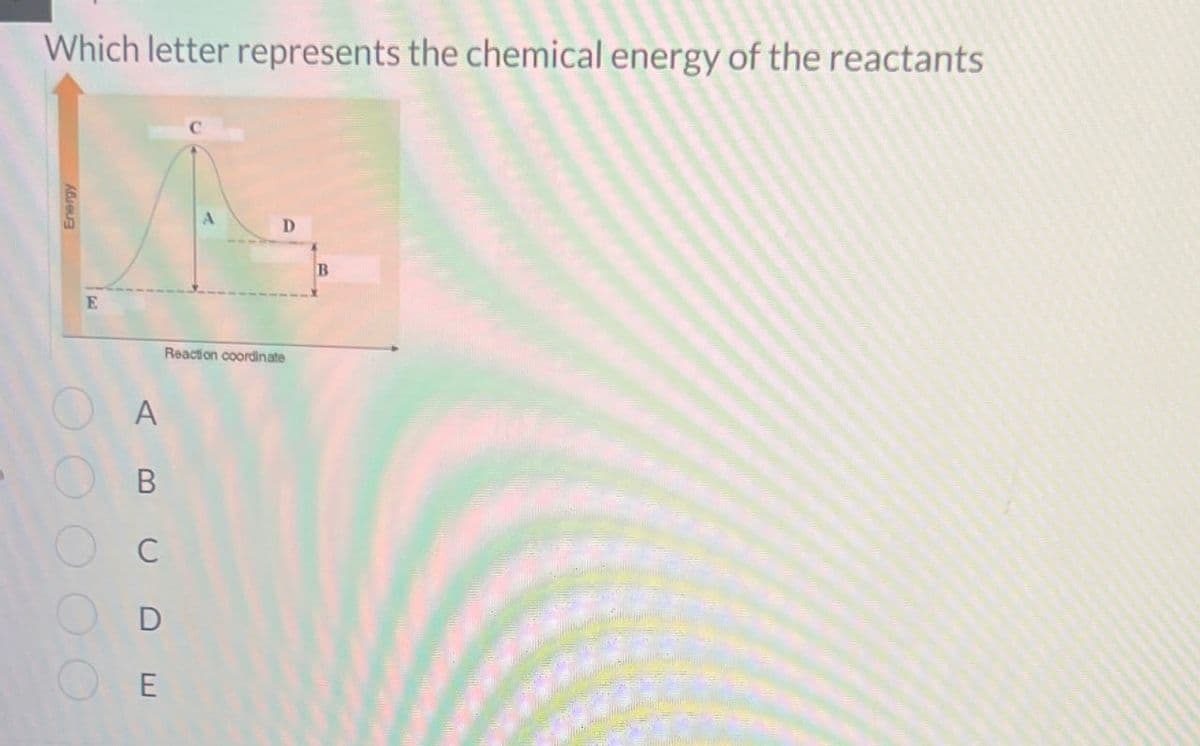 Which letter represents the chemical energy of the reactants
E
A
B
C
D
E
Reaction coordinate
D