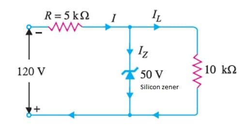 R = 5 kΩ
120 V
I
Iz
IL
50 V
Silicon zener
10 ΚΩ