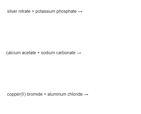 silver nitrate + potassium phosphate →
calcium acetate + sodium carbonate →
copper(II) bromide + aluminum chloride -
