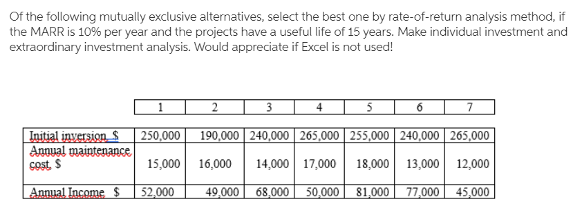 Of the following mutually exclusive alternatives, select the best one by rate-of-return analysis method, if
the MARR is 10% per year and the projects have a useful life of 15 years. Make individual investment and
extraordinary investment analysis. Would appreciate if Excel is not used!
1
2
3
4
5
6
7
250,000
Initial inversion $
Annual maintenance
cost. S
190,000 240,000 265,000 255,000 240,000 265,000
15,000 16,000
14,000 17,000 18,000 13,000 12,000
Annual Income $
52,000
49,000
68,000 50,000
81,000 77,000 45,000
