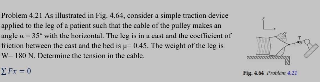 Problem 4.21 As illustrated in Fig. 4.64, consider a simple traction device
applied to the leg of a patient such that the cable of the pulley makes an
angle a = 35° with the horizontal. The leg is in a cast and the coefficient of
friction between the cast and the bed is u= 0.45. The weight of the leg is
W= 180 N. Determine the tension in the cable.
Σ Fx = 0
Fig. 4.64 Problem 4.21