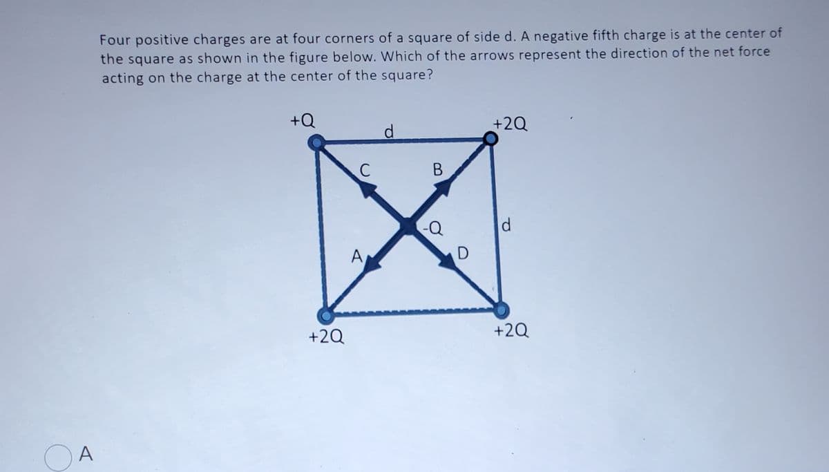 A
Four positive charges are at four corners of a square of side d. A negative fifth charge is at the center of
the square as shown in the figure below. Which of the arrows represent the direction of the net force
acting on the charge at the center of the square?
+Q
+2Q
C
A
d
B
-Q
D
+2Q
d
+2Q