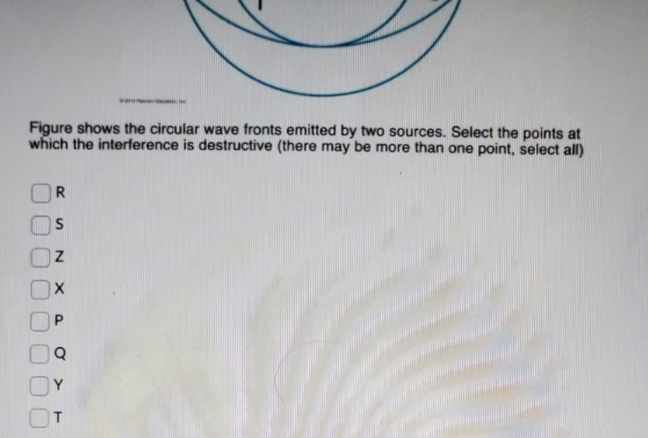 Figure shows the circular wave fronts emitted by two sources. Select the points at
which the interference is destructive (there may be more than one point, select all)
R
S
N
X
P
Q
T