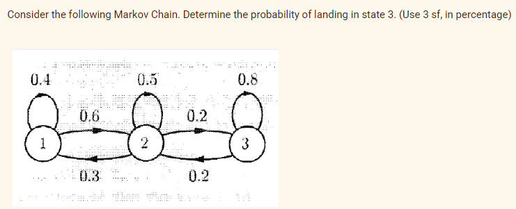 Consider the following Markov Chain. Determine the probability of landing in state 3. (Use 3 sf, in percentage)
0.4
0.5
0.8
0.6.
0.2
1
2
3
0.3
0.2
