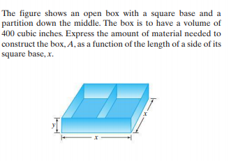 The figure shows an open box with a square base and a
partition down the middle. The box is to have a volume of
400 cubic inches. Express the amount of material needed to
construct the box, A, as a function of the length of a side of its
square base, x.
