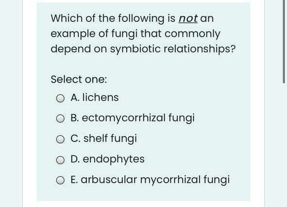 Which of the following is not an
example of fungi that commonly
depend on symbiotic relationships?
Select one:
O A. lichens
O B. ectomycorrhizal fungi
O C. shelf fungi
O D. endophytes
O E. arbuscular mycorrhizal fungi
