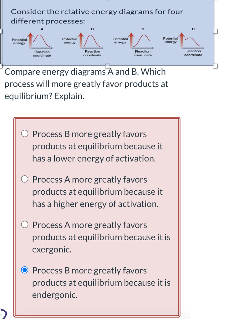 Consider the relative energy diagrams for four
different processes:
Potential
energy
A
Reaction
coordinate
Potential
energy
B
Reaction
coordinate
Potential
energy
Reaction
coordinate
Compare energy diagrams A and B. Which
process will more greatly favor products at
equilibrium? Explain.
Process B more greatly favors
products at equilibrium because it
has a lower energy of activation.
Potential
energy
Process A more greatly favors
products at equilibrium because it
has a higher energy of activation.
Process A more greatly favors
products at equilibrium because it is
exergonic.
Process B more greatly favors
products at equilibrium because it is
endergonic.
D
Reaction
coordinate