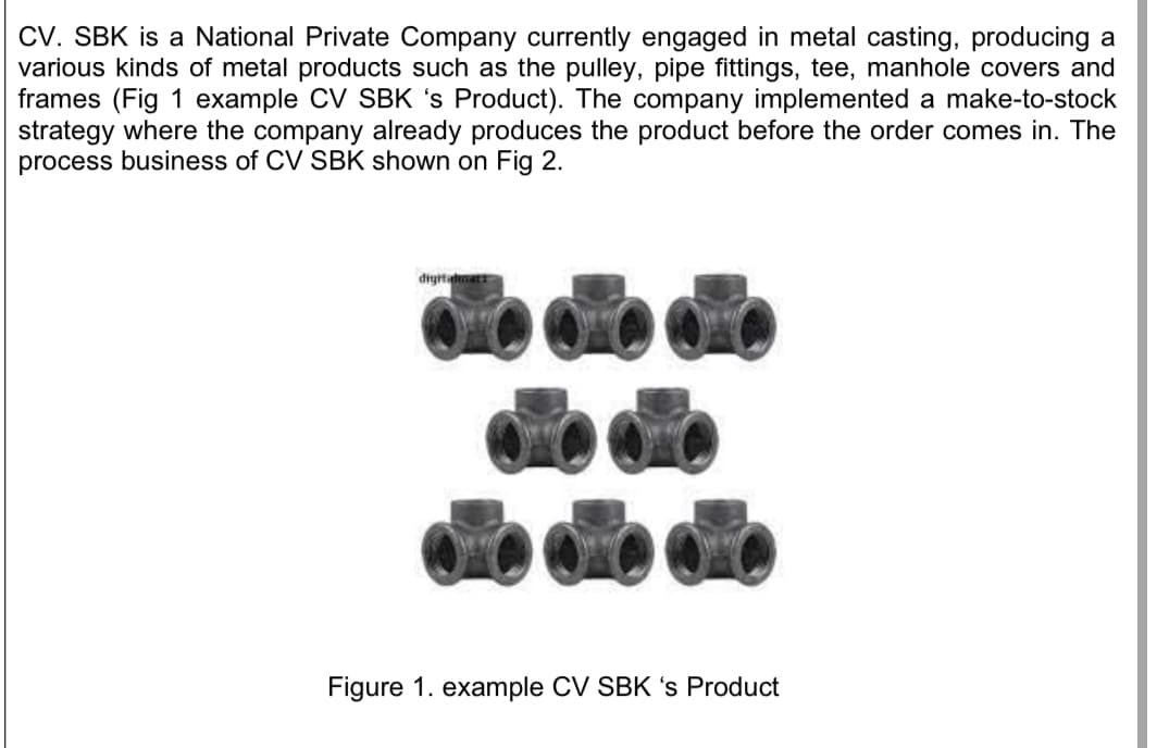 CV. SBK is a National Private Company currently engaged in metal casting, producing a
various kinds of metal products such as the pulley, pipe fittings, tee, manhole covers and
frames (Fig 1 example CV SBK 's Product). The company implemented a make-to-stock
strategy where the company already produces the product before the order comes in. The
process business of CV SBK shown on Fig 2.
digitalmat
Figure 1. example CV SBK 's Product