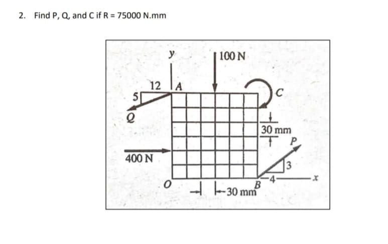 2. Find P, Q, and C if R = 75000 N.mm
у
100 N
12
A
30 mm
ТР
400 N
3
tt-30 mm
B
