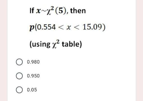 If x~y² (5), then
p(0.554 < x < 15.09)
(using x? table)
0.980
0.950
0.05
