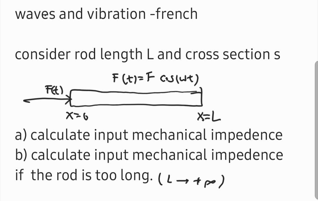 waves and vibration -french
consider rod length L and cross section s
F(t) = F as (wt)
F(t)
X=6
a) calculate input mechanical impedence
b) calculate input mechanical impedence
if the rod is too long. (L→ + p)
X=L