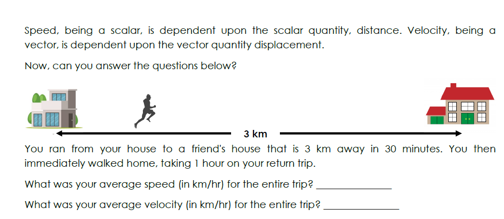 Speed, being a scalar, is dependent upon the scalar quantity, distance. Velocity, being a
vector, is dependent upon the vector quantity displacement.
Now, can you answer the questions below?
3 km
You ran from your house to a friend's house that is 3 km away in 30 minutes. You then
immediately walked home, taking 1 hour on your return trip.
What was your average speed (in km/hr) for the entire trip?
What was your average velocity (in km/hr) for the entire trip?
田田
田
田田
