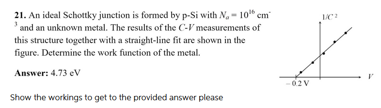 21. An ideal Schottky junction is formed by p-Si with Na = 10 cm
1/C ?
3
and an unknown metal. The results of the C-V measurements of
this structure together with a straight-line fit are shown in the
figure. Determine the work function of the metal.
Answer: 4.73 eV
- 0.2 V
Show the workings to get to the provided answer please
