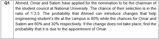 Q1
Ahmed, Omar and Salem have applied for the nomination to be the chairman of
the student council at National University. The chance of their selection is in the
ratio of 1:3:5. The probability that Ahmed can introduce changes that help
engineering student's life at the campus is 80% while the chances for Omar and
Salem are 60% and 30% respectively. If the change does not take place, find the
probability that it is due to the appointment of Omar.