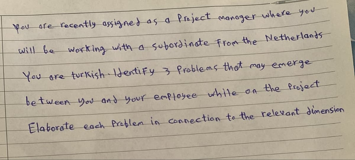 You are recently assigned as a Project manager where you
will be working with a subordinate from the Netherlands
You are turkish Identify 3 Problems that may emerge
between you and your employee while on the Project
Elaborate each Problem in connection to the relevant dimension