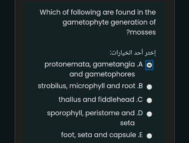 Which of following are found in the
gametophyte generation of
?mosses
إختر أحد الخيارات
protonemata, gametangia .A O
and gametophores
strobilus, microphyll and root .B
thallus and fiddlehead .C •
sporophyll, peristome and .D O
seta
foot, seta and capsule .E
