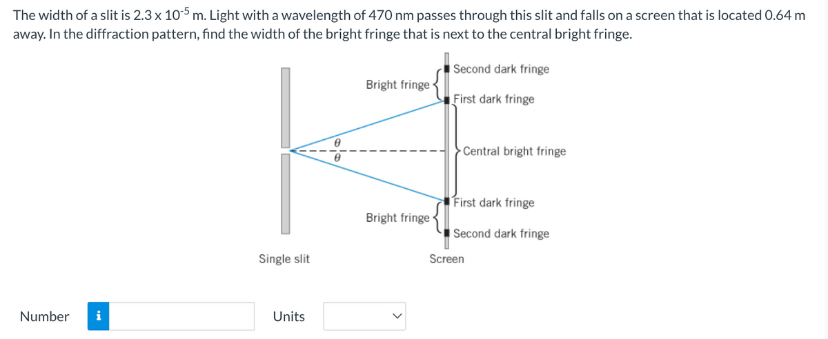 The width of a slit is 2.3 x 10-5 m. Light with a wavelength of 470 nm passes through this slit and falls on a screen that is located 0.64 m
away. In the diffraction pattern, find the width of the bright fringe that is next to the central bright fringe.
Number i
Single slit
Units
Bright fringe
Bright fringe
Second dark fringe
First dark fringe
Central bright fringe
First dark fringe
Second dark fringe
Screen