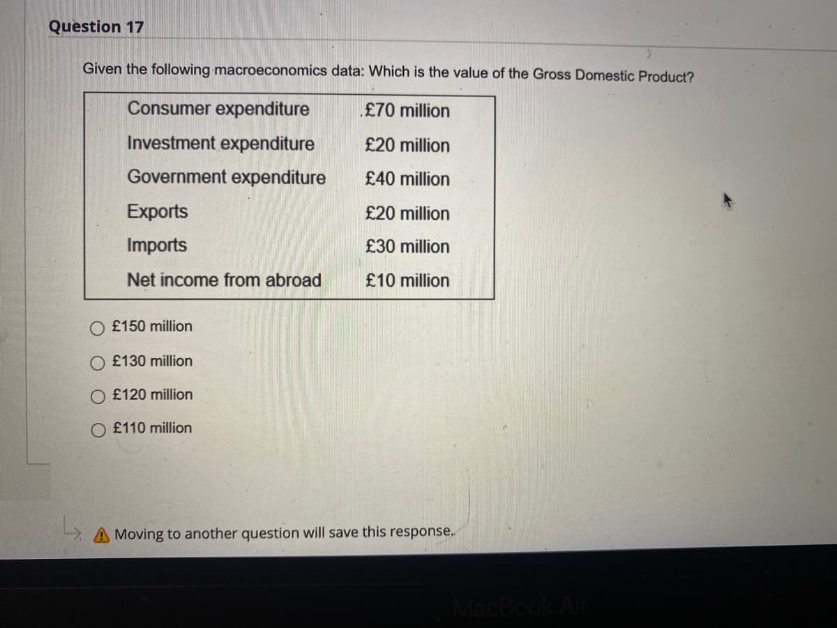 Question 17
Given the following macroeconomics data: Which is the value of the Gross Domestic Product?
Consumer expenditure
£70 million
Investment expenditure
£20 million
Government expenditure
£40 million
Exports
£20 million
Imports
£30 million
Net income from abroad
£10 million
O £150 million
O £130 million
O £120 million
O £110 million
Moving to another question will save this response.
MacBook
