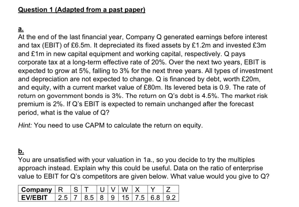 Question 1 (Adapted from a past paper)
a.
At the end of the last financial year, Company Q generated earnings before interest
and tax (EBIT) of £6.5m. It depreciated its fixed assets by £1.2m and invested £3m
and £1m in new capital equipment and working capital, respectively. Q pays
corporate tax at a long-term effective rate of 20%. Over the next two years, EBIT is
expected to grow at 5%, falling to 3% for the next three years. All types of investment
and depreciation are not expected to change. Q is financed by debt, worth £20m,
and equity, with a current market value of £80m. Its levered beta is 0.9. The rate of
return on government bonds is 3%. The return on Q's debt is 4.5%. The market risk
premium is 2%. If Q's EBIT is expected to remain unchanged after the forecast
period, what is the value of Q?
Hint: You need to use CAPM to calculate the return on equity.
b.
You are unsatisfied with your valuation in 1a., so you decide to try the multiples
approach instead. Explain why this could be useful. Data on the ratio of enterprise
value to EBIT for Q's competitors are given below. What value would you give to Q?
Company R ST
UVWX Y Z
EV/EBIT 2.5 7 8.5 8 9 15 7.5 6.8 9.2