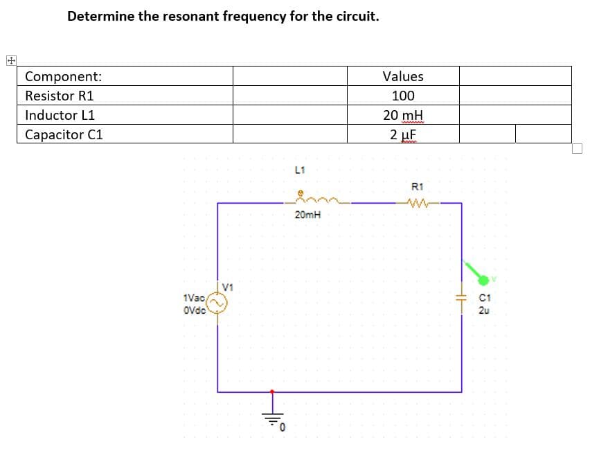 Determine the resonant frequency for the circuit.
Component:
Values
Resistor R1
100
Inductor L1
20 mH
Capacitor C1
2 uF
L1
R1
20mH
V1
1Vac
Ovdo
C1
2u
