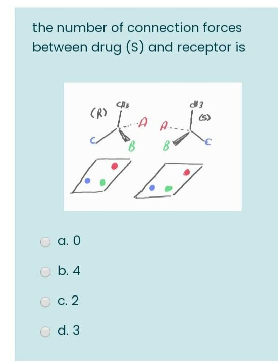the number of connection forces
between drug (s) and receptor is
(R)
(S)
A.--
а. О
O b. 4
С. 2
d. 3
