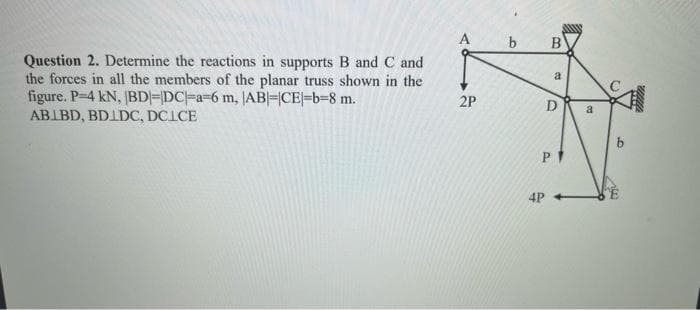 Question 2. Determine the reactions in supports B and C and
the forces in all the members of the planar truss shown in the
figure. P-4 kN, |BD|-|DC|-a-6 m, |AB|-|CE|-b-8 m.
ABIBD, BDIDC, DCLCE
2P
b
B
D
P
4P
a
a
C
6
Mita