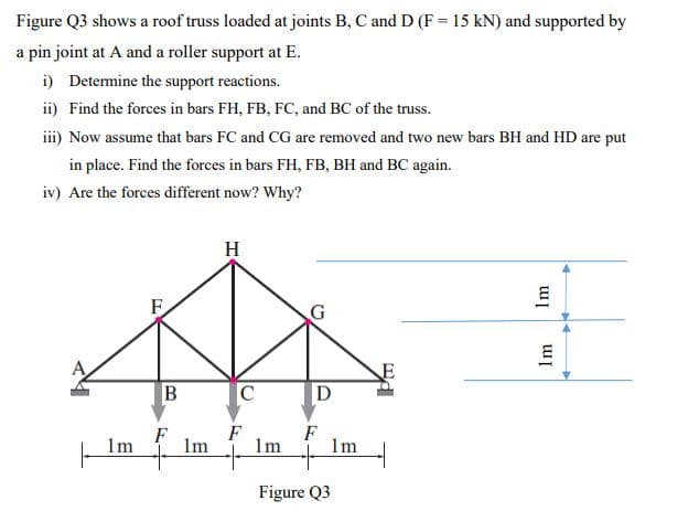 Figure Q3 shows a roof truss loaded at joints B, C and D (F = 15 kN) and supported by
a pin joint at A and a roller support at E.
i) Determine the support reactions.
ii) Find the forces in bars FH, FB, FC, and BC of the truss.
iii) Now assume that bars FC and CG are removed and two new bars BH and HD are put
in place. Find the forces in bars FH, FB, BH and BC again.
iv) Are the forces different now? Why?
H
E
C
D
1m
Im
F
F
1m
1m
Figure Q3
IL
Im
Im
