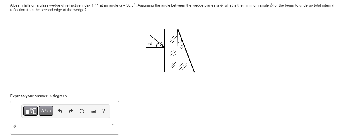 A beam falls on a glass wedge of refractive index 1.41 at an angle x = 56.0°. Assuming the angle between the wedge planes is 中, what is the minimum angle $ for the beam to undergo total internal
reflection from the second edge of the wedge?
Express your answer in degrees.
$=
AZ
?
쒀
ill