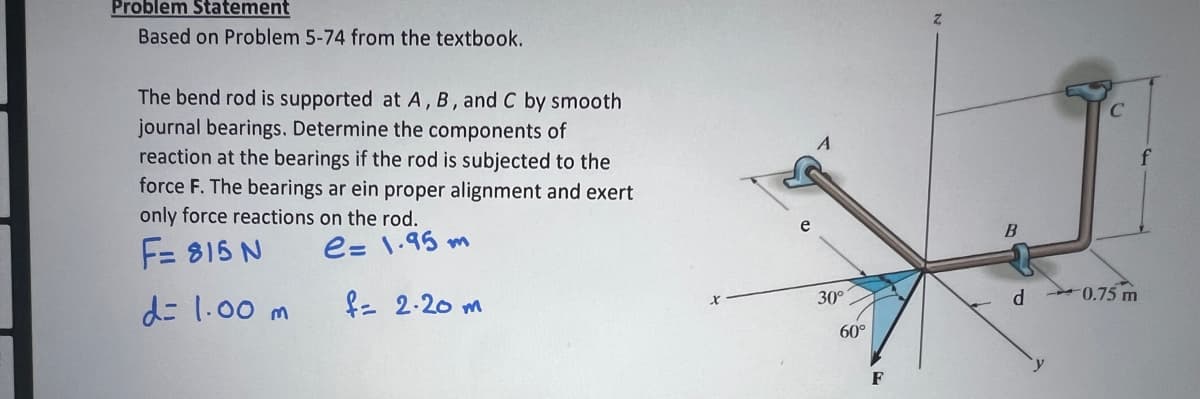 Problem Statement
Based on Problem 5-74 from the textbook.
The bend rod is supported at A, B, and C by smooth
journal bearings. Determine the components of
reaction at the bearings if the rod is subjected to the
force F. The bearings ar ein proper alignment and exert
only force reactions on the rod.
F= 815 N
e= 1.95m
d= 1.00 m
f= 2.20 m
30°
60°
F
B
d
f
0.75 m