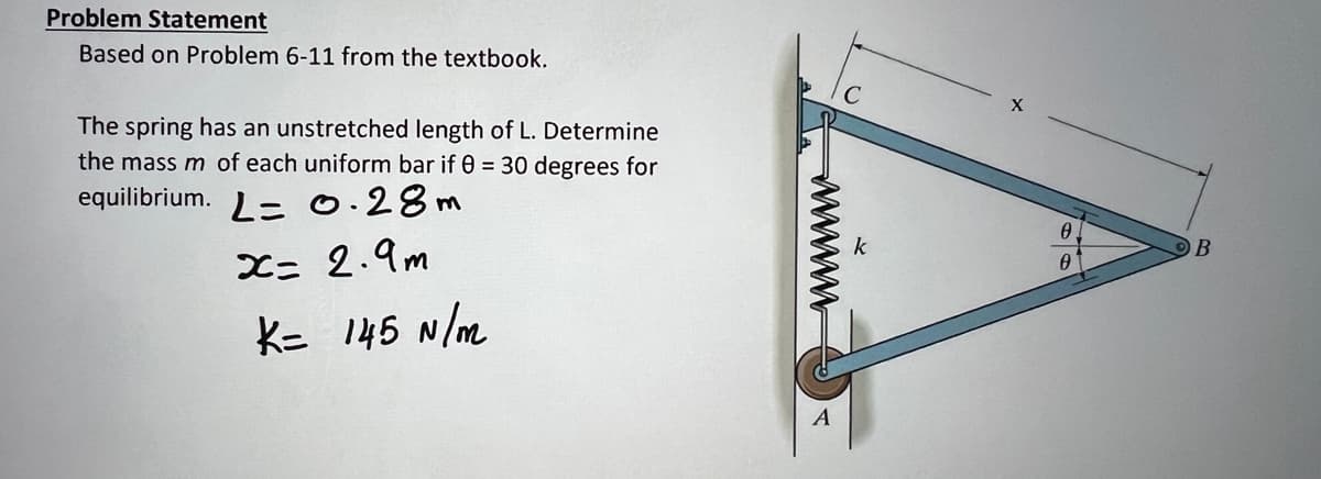 Problem Statement
Based on Problem 6-11 from the textbook.
The spring has an unstretched length of L. Determine
the mass m of each uniform bar if 0 = 30 degrees for
equilibrium. L.28m
x= 2.9m
K= 145 N/m
A
C
6
0
B