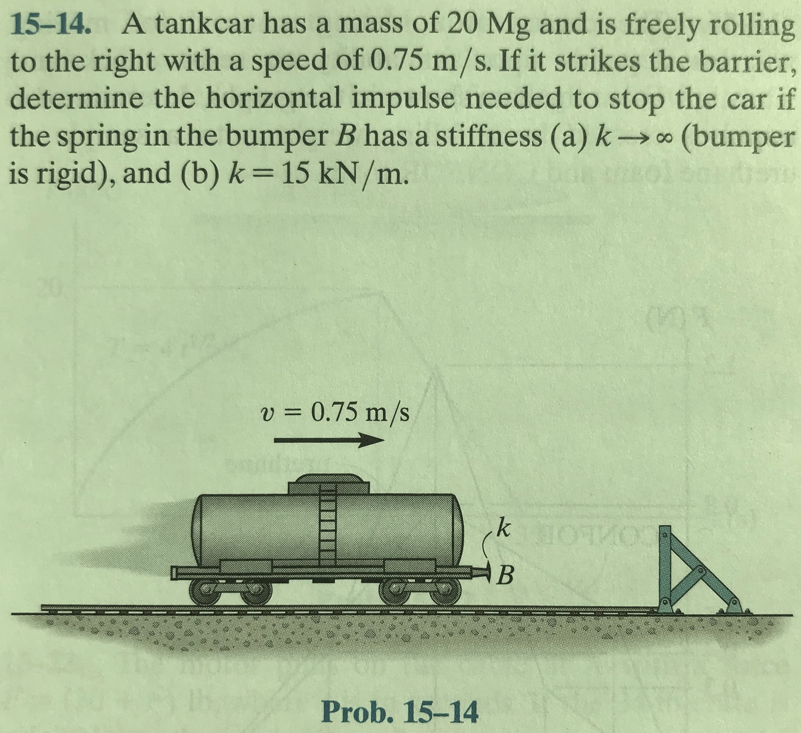 15-14. A tankcar has a mass of 20 Mg and is freely rolling
to the right with a speed of 0.75 m/s. If it strikes the barrier,
determine the horizontal impulse needed to stop the car if
the spring in the bumper B has a stiffness (a) k 0
is rigid), and (b) k=15 kN/m.
(bumper
%3|
v = 0.75 m/s
AB
Prob. 15-14

