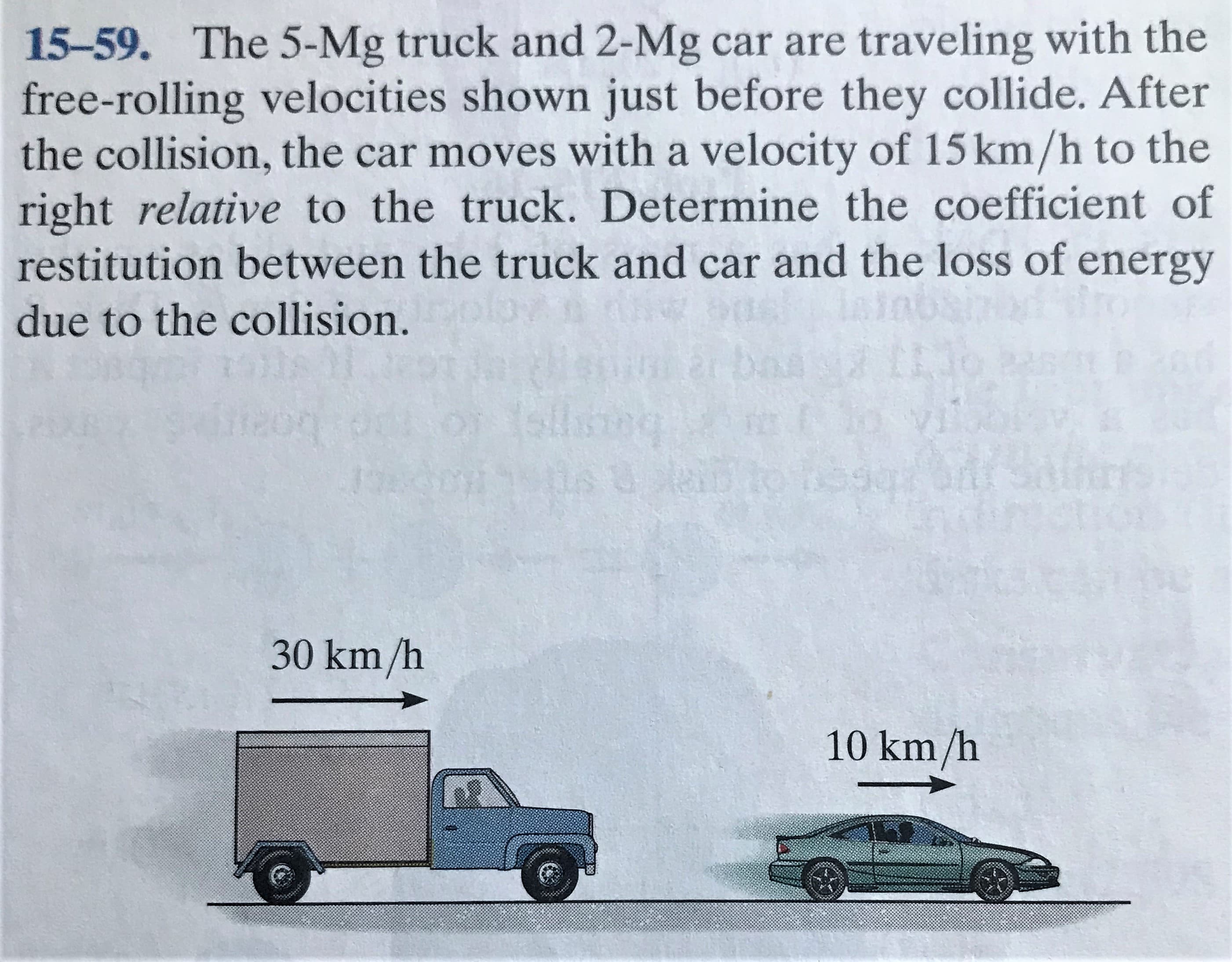 15-59. The 5-Mg truck and 2-Mg car are traveling with the
free-rolling velocities shown just before they collide. After
the collision, the car moves with a velocity of 15 km/h to the
right relative to the truck. Determine the coefficient of
restitution between the truck and car and the loss of energy
due to the collision.
bas
basps
30 km/h
10 km/h
