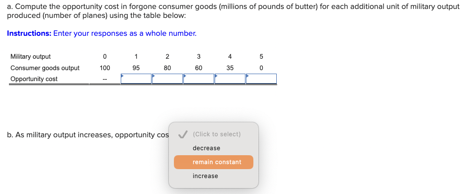 a. Compute the opportunity cost in forgone consumer goods (millions of pounds of butter) for each additional unit of military output
produced (number of planes) using the table below:
Instructions: Enter your responses as a whole number.
Military output
Consumer goods output
Opportunity cost
0
100
1
95
2
80
b. As military output increases, opportunity cos
3
60
4
35
(Click to select)
decrease
remain constant
increase
5
0
