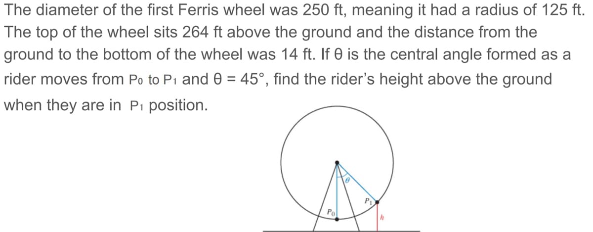 The diameter of the first Ferris wheel was 250 ft, meaning it had a radius of 125 ft.
The top of the wheel sits 264 ft above the ground and the distance from the
ground to the bottom of the wheel was 14 ft. If 0 is the central angle formed as a
rider moves from Po to P1 and 0 = 45°, find the rider's height above the ground
when they are in P₁ position.
Po
h