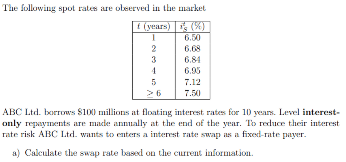 The following spot rates are observed in the market
t (years) | i's (%)
1
6.50
2
6.68
3
6.84
4
6.95
7.12
> 6
7.50
ABC Ltd. borrows $100 millions at floating interest rates for 10 years. Level interest-
only repayments are made annually at the end of the year. To reduce their interest
rate risk ABC Ltd. wants to enters a interest rate swap as a fixed-rate payer.
a) Calculate the swap rate based on the current information.
