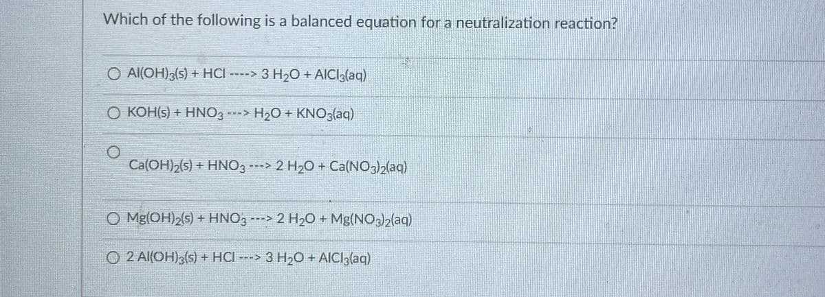 Which of the following is a balanced equation for a neutralization reaction?
O Al(OH)3(s) + HCI ----> 3 H2O + AICI3(aq).
O KOH(s)+ HNO3 -> H2O + KNO3(aq)
--
Ca(OH)2(s) + HNO3 ---> 2 H2O + Ca(NO3)2(aq)
O Mg(OH)2(s) + HNO3 ---> 2 H2O + Mg(NO3)2(aq)
O2 Al(OH)3(s) + HCI ---> 3 H2O + AICI 3(aq)