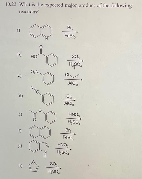10.23 What is the expected major product of the following
reactions?
a)
b)
c)
d)
e)
f)
g)
h)
HO
O₂N.
NEC-
Br₂
FeBr3
SO3
H₂SO4
SO3
H₂SO4
CI
AICI,
Cl₂
AICI 3
HNO3
H₂SO4
Br₂
FeBr3
HNO3
H₂SO4