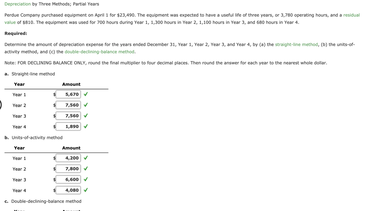 Depreciation by Three Methods; Partial Years
Perdue Company purchased equipment on April 1 for $23,490. The equipment was expected to have a useful life of three years, or 3,780 operating hours, and a residual
value of $810. The equipment was used for 700 hours during Year 1, 1,300 hours in Year 2, 1,100 hours in Year 3, and 680 hours in Year 4.
Required:
Determine the amount of depreciation expense for the years ended December 31, Year 1, Year 2, Year 3, and Year 4, by (a) the straight-line method, (b) the units-of-
activity method, and (c) the double-declining-balance method.
Note: FOR DECLINING BALANCE ONLY, round the final multiplier to four decimal places. Then round the answer for each year to the nearest whole dollar.
a. Straight-line method
Year
Amount
Year 1
$
5,670
Year 2
7,560
Year 3
2$
7,560
Year 4
1,890
b. Units-of-activity method
Year
Amount
Year 1
4,200
Year 2
7,800
Year 3
6,600
Year 4
$4
4,080
c. Double-declining-balance method
