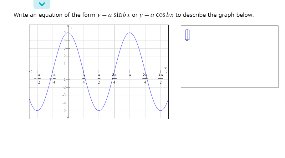 Write an equation of the form y=a sinbx or y= a cosbx to describe the graph below.
4+
元
-1
2
4
4
4
2
-2+
-3+
-4-
-5
