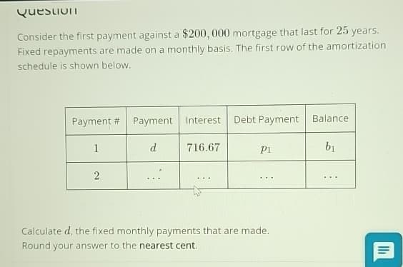 Question
Consider the first payment against a $200,000 mortgage that last for 25 years.
Fixed repayments are made on a monthly basis. The first row of the amortization
schedule is shown below.
Payment #
1
2
Payment
d
Interest
716.67
...
Debt Payment
P1
Calculate d, the fixed monthly payments that are made.
Round your answer to the nearest cent.
Balance
b₁
Ih