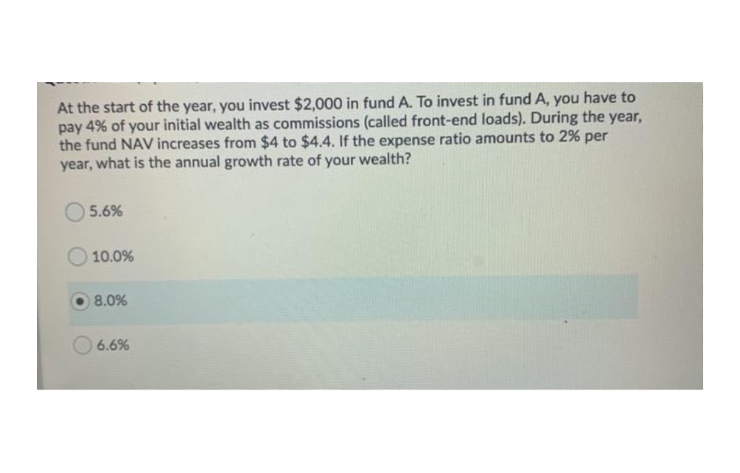 At the start of the year, you invest $2,000 in fund A. To invest in fund A, you have to
pay 4% of your initial wealth as commissions (called front-end loads). During the year,
the fund NAV increases from $4 to $4.4. If the expense ratio amounts to 2% per
year, what is the annual growth rate of your wealth?
5.6%
10.0%
8.0%
6.6%
