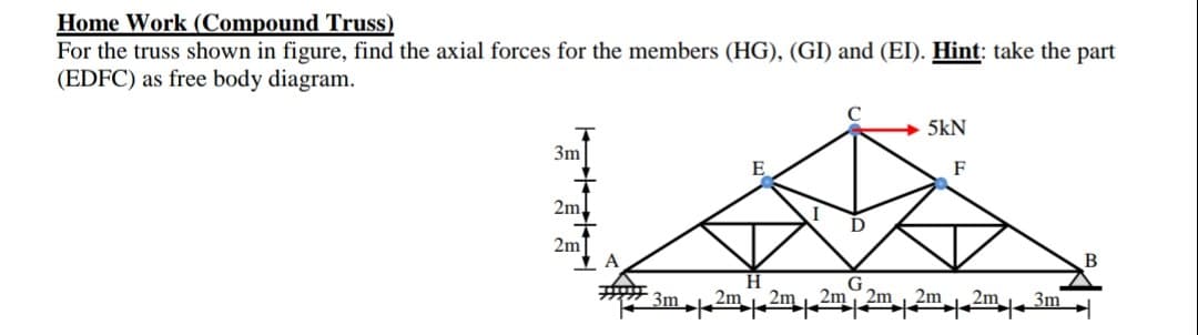 Home Work (Compound Truss)
For the truss shown in figure, find the axial forces for the members (HG), (GI) and (EI). Hint: take the part
(EDFC) as free body diagram.
3m
2ml
2m
3m 2m 2m
5kN
F
G
2m 2m 2m 2m
3m