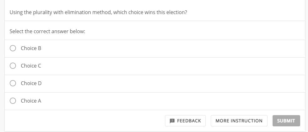 Using the plurality with elimination method, which choice wins this election?
Select the correct answer below:
Choice B
Choice C
Choice D
Choice A
E FEEDBACK
MORE INSTRUCTION
SUBMIT
