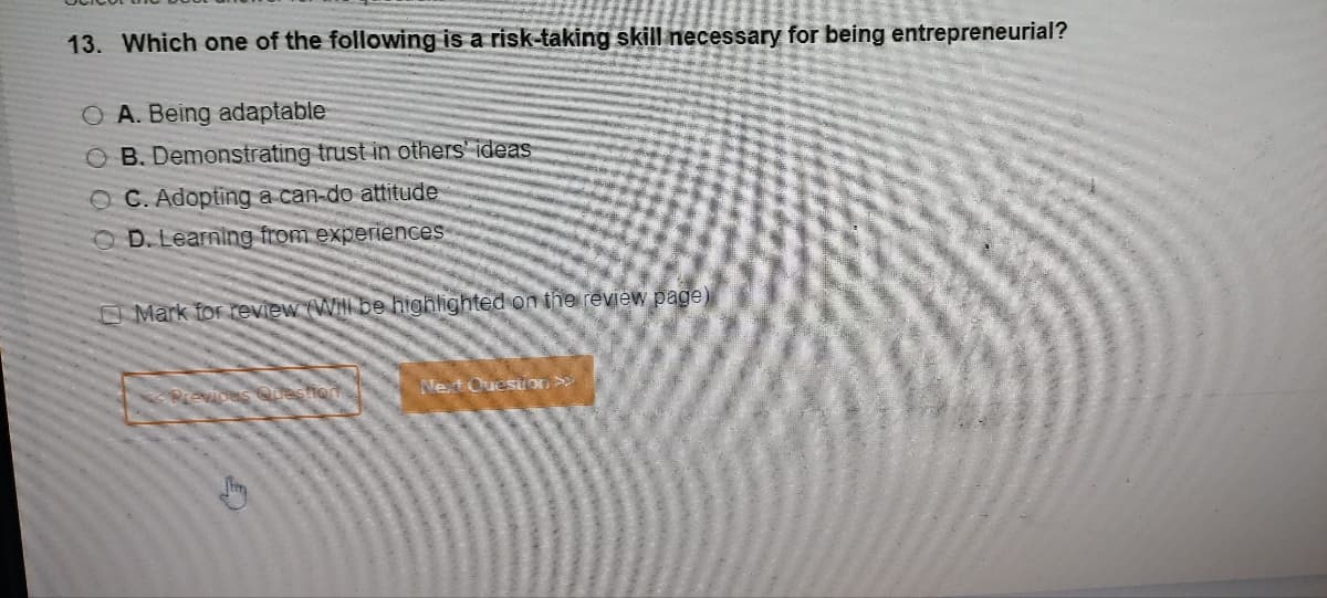 13. Which one of the following is a risk-taking skill necessary for being entrepreneurial?
O A. Being adaptable
OB. Demonstrating trust in others' ideas
OC. Adopting a can-do attitude
OD. Learning from experiences
Mark for review (Will be highlighted on the review page)
Next Question >>