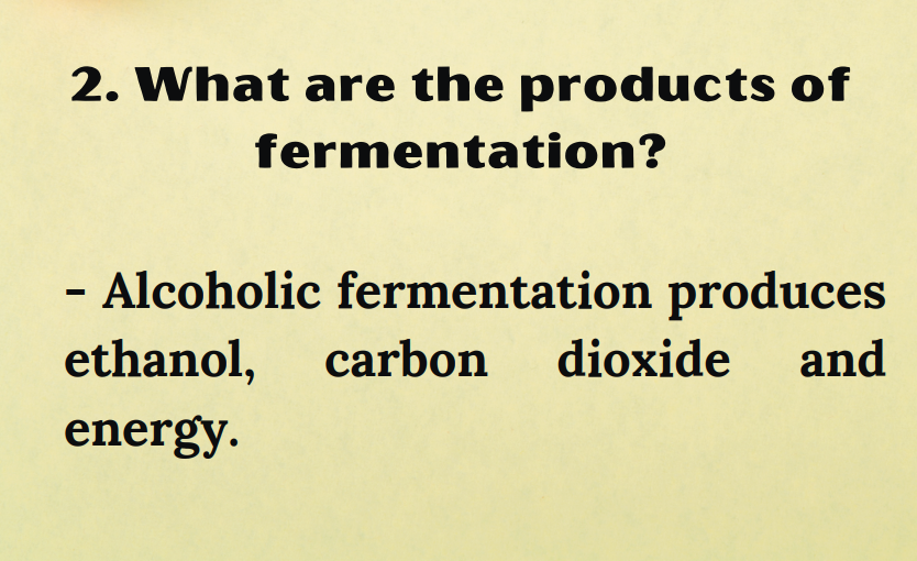2. What are the products of
fermentation?
- Alcoholic fermentation produces
ethanol,
carbon
dioxide
and
energy.
