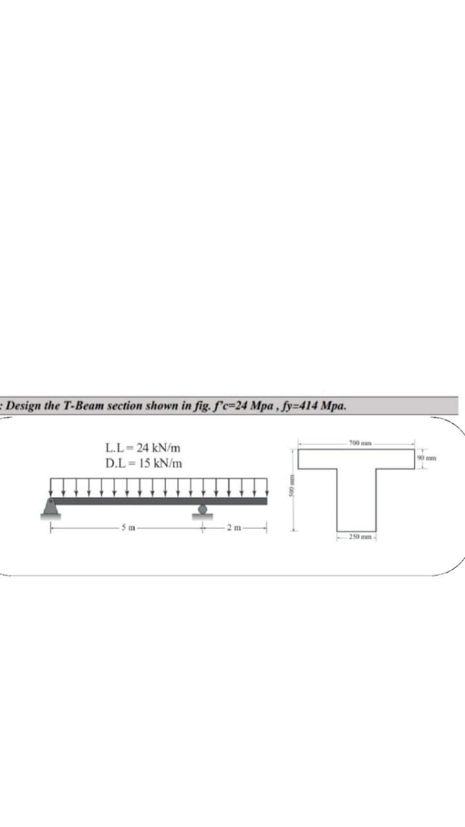 : Design the T-Beam section shown in fig. f'c-24 Mpa, fy=414 Mpa.
L.L=24 kN/m
D.L=15 kN/m
5 m
700 mm
T
250 mm-
90 mm