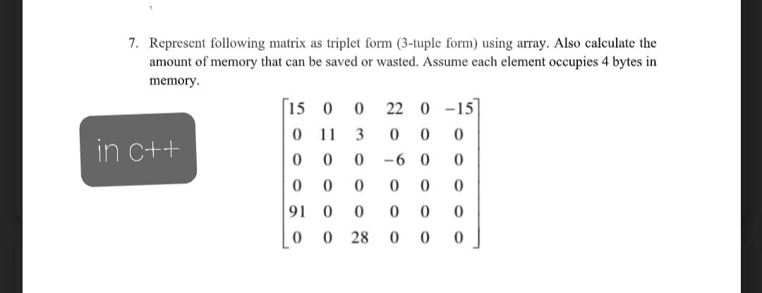 7. Represent following matrix as triplet form (3-tuple form) using array. Also calculate the
amount of memory that can be saved or wasted. Assume each element occupies 4 bytes in
memory.
15 0
22
0 -15
11
3
in c++
-6 0
91
28
