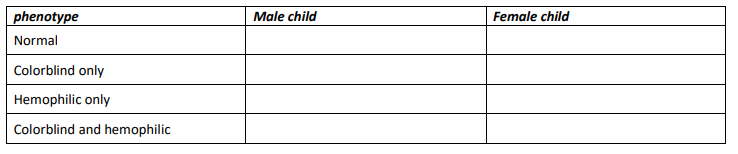 phenotype
Male child
Female child
Normal
Colorblind only
Hemophilic only
Colorblind and hemophilic
